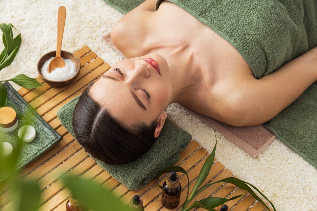 concept of spa relax and self care with beautiful young woman
