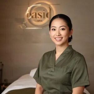 Massage-center-single-staff-closeup-image-in-green-uinform