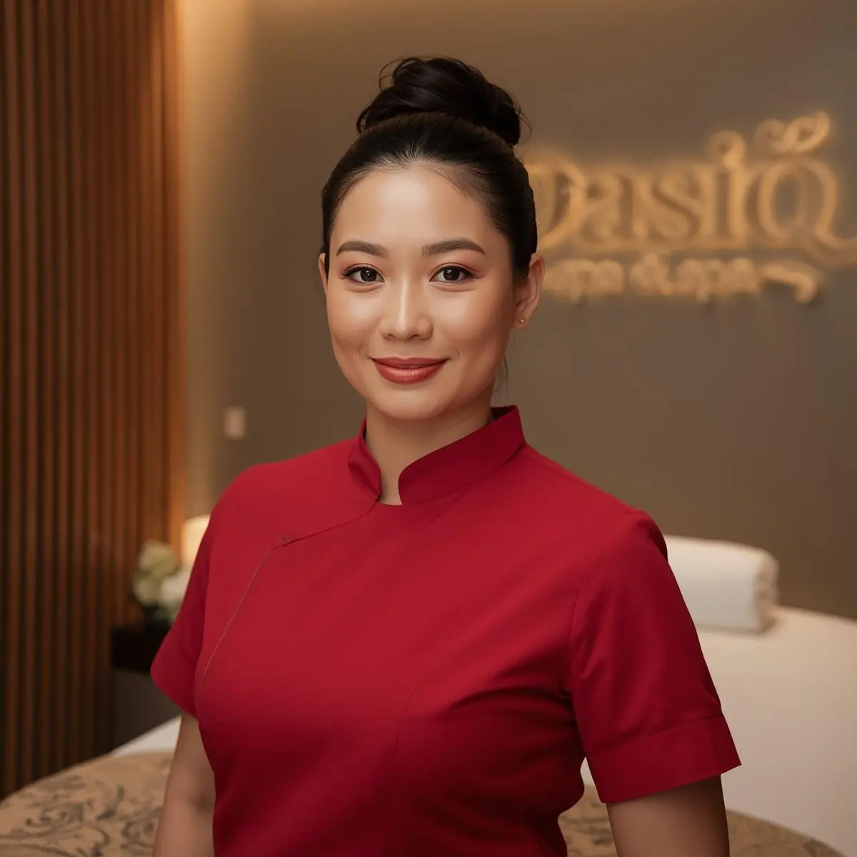 Massage-center-single-staff-closeup-image-in-red-uinform